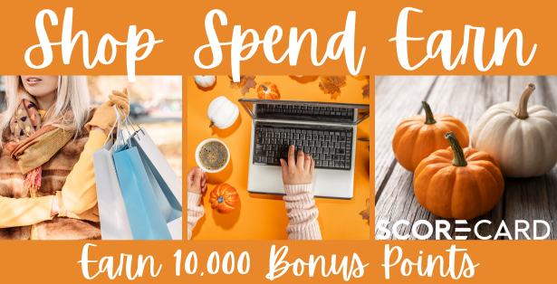 orange background with white words that say shop spend earn with three pictures. Under the word shop it is a white women with blond hair wearing a sweater and scarf holding three blue shopping bags. Under the word spend their is an orange background with pumpkins and a cup of coffee and someone typing on a laptop, in the third pictures under the word earn there are three small pumpkins sitting on wood.